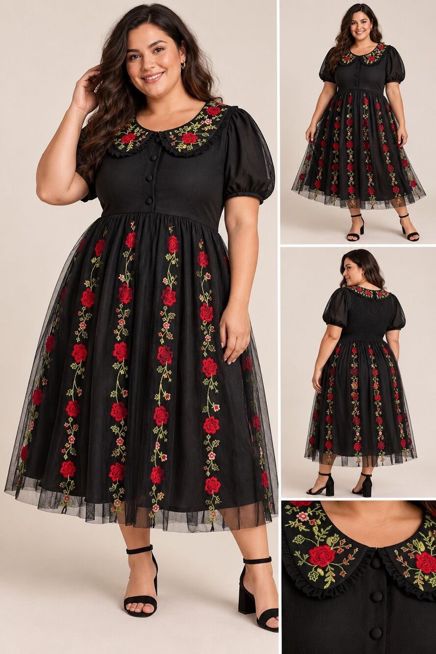 JessaKae Black Rose Embroidered Tulle Puff Sleeve Midi Dress NWT 3X